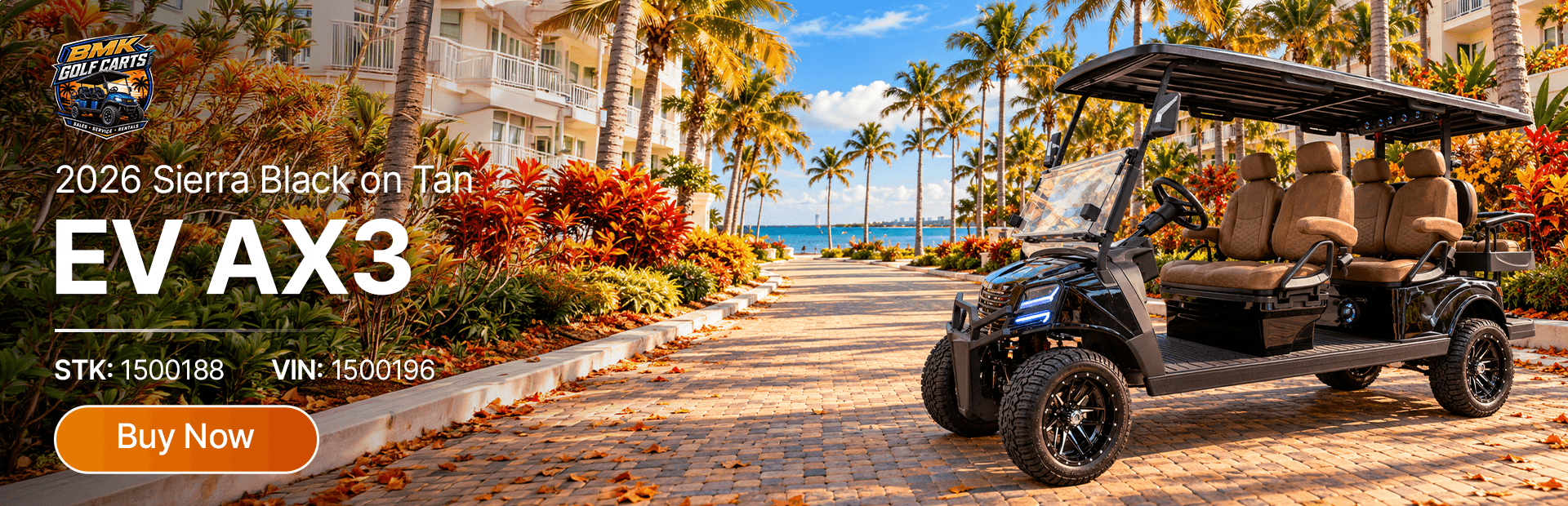 2026 Sierra Black on Tan EV AX3 golf cart available at BMK Golf Carts.